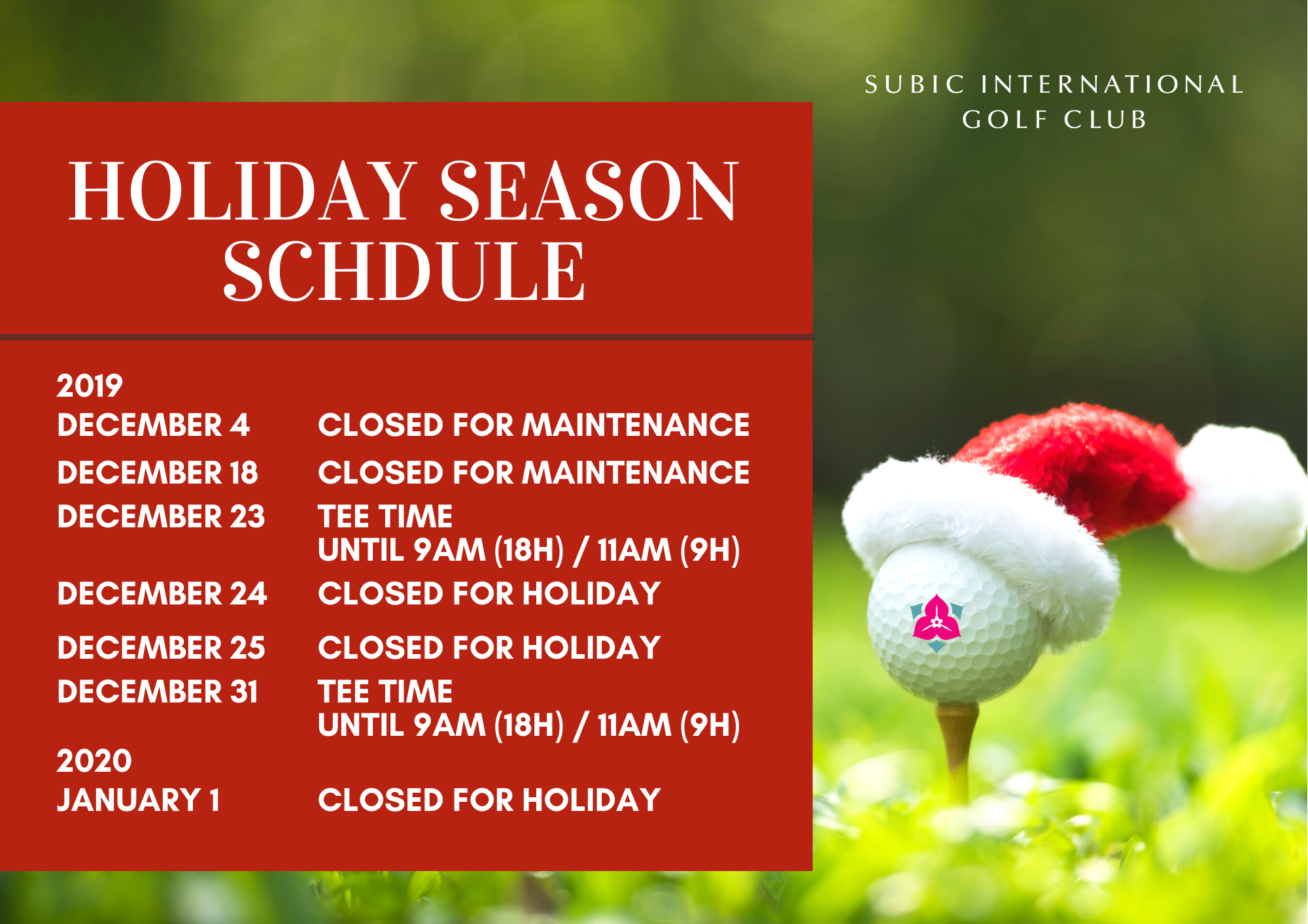 Holiday Season Schedule