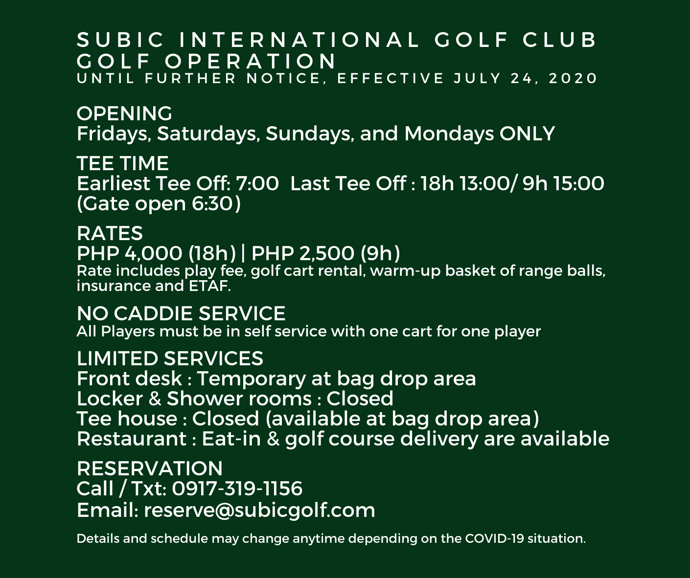 SIGC Golf Operation Update Effective July 24th