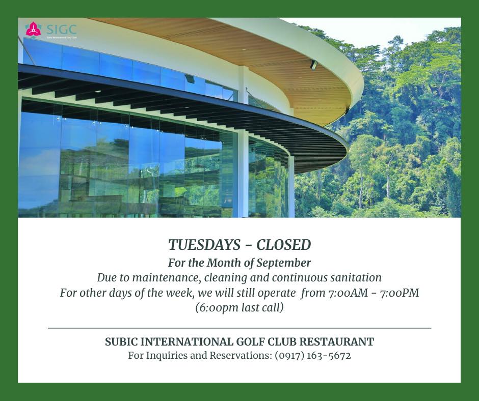 Restaurant Closed on Tueday during September