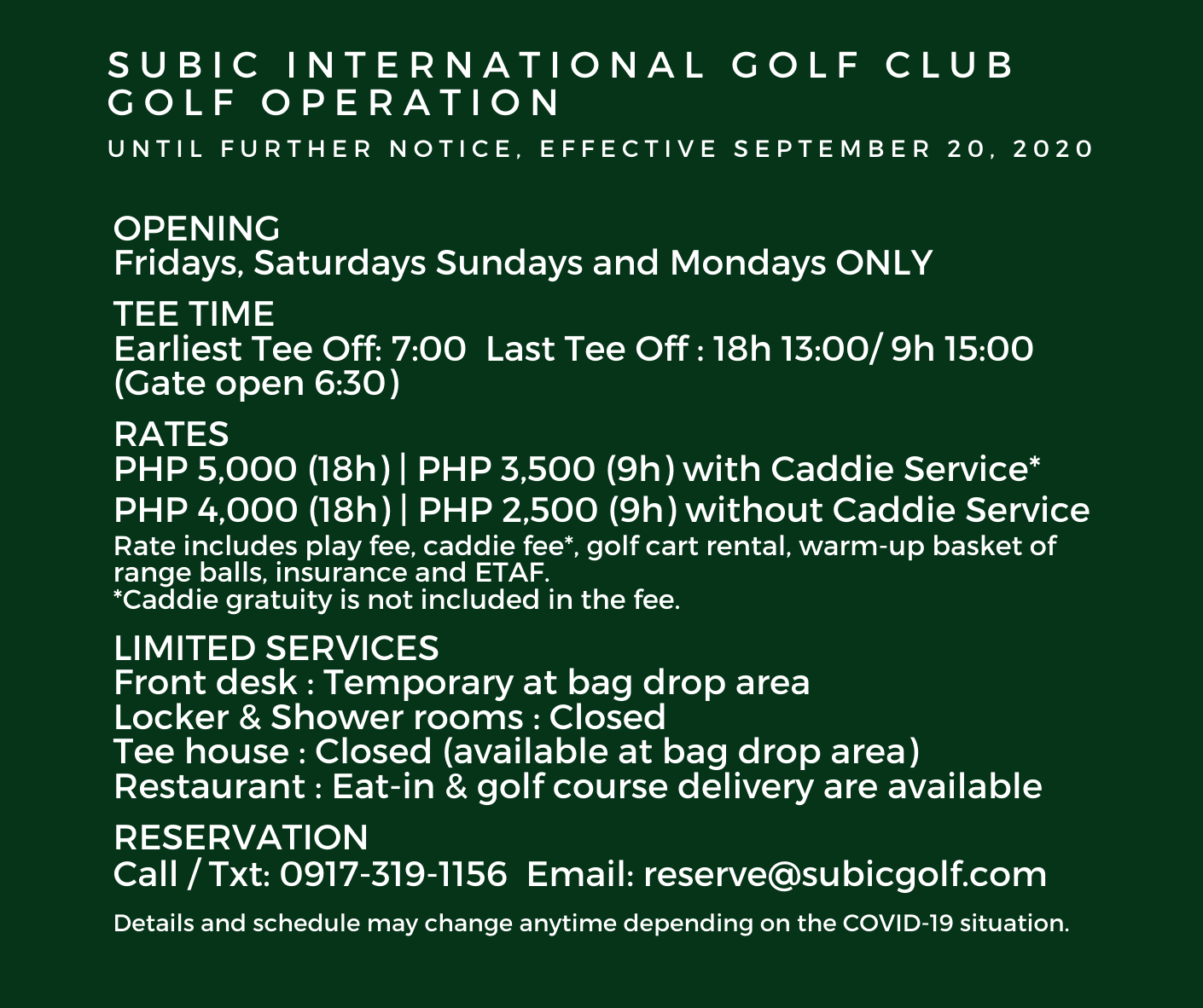 SIGC Golf Operation Update Effective September 20th