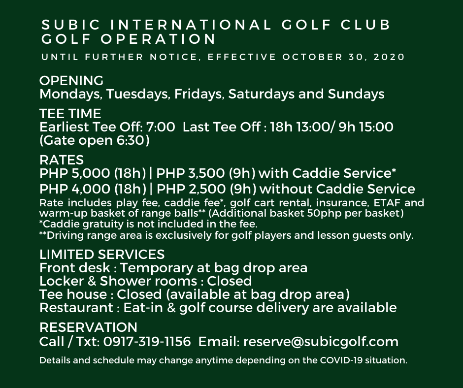 SIGC Golf Operation Update Effective October 30th