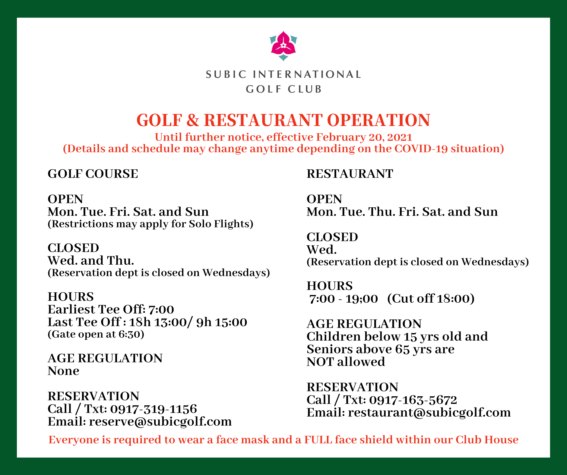 SIGC Golf Operation Update Effective February 20th, 2021