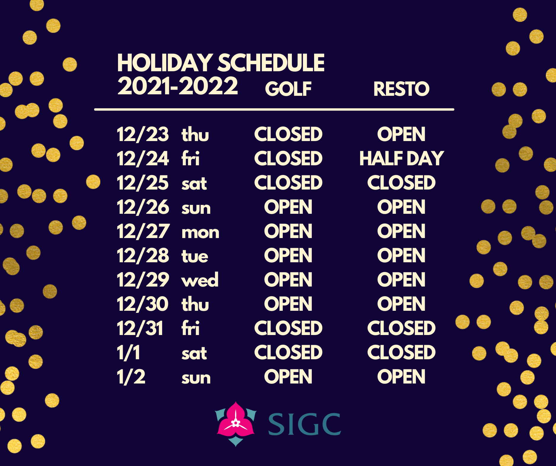 HOLIDAY SCHEDULE 20212022 Subic International Golf Club