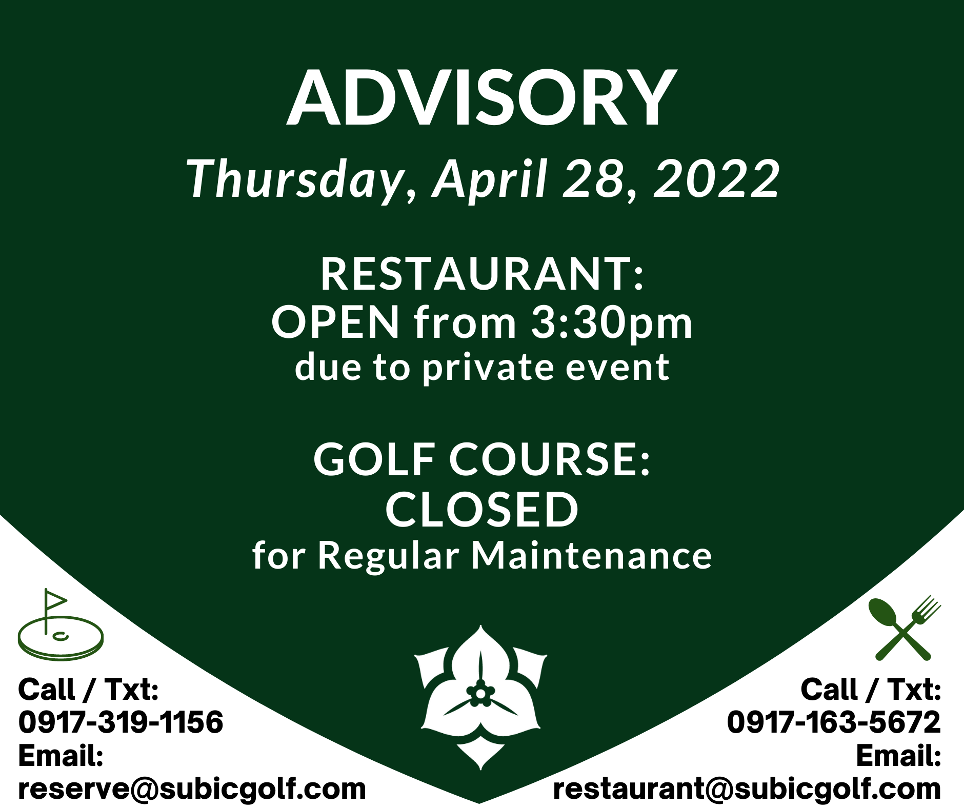 Restaurant Advisory on Thursday, April 28th